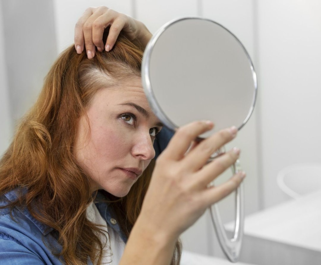 Mulher observando o cabelo no espelho